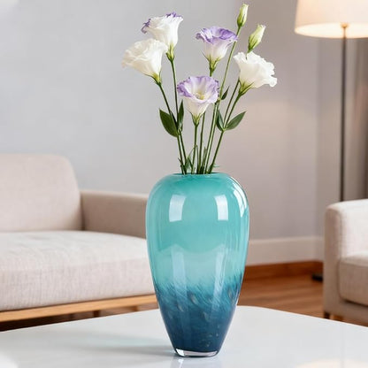 Teal Glass Vase – 11" Hand Blown Glass Vase for Teal Home Decor Accents, Wide Mouth Turquoise Vases Home Decor for Centerpieces, Dining Table, Bookshelf, Bathroom or Living Room Display