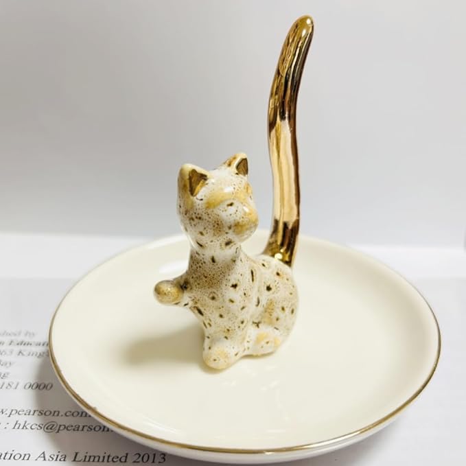 Happy Cat Natural Pattern Glazed Plated Gold Ceramic Elegant Engagement Wedding Rings Trinket Dish