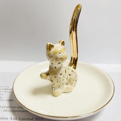 Happy Cat Natural Pattern Glazed Plated Gold Ceramic Elegant Engagement Wedding Rings Trinket Dish