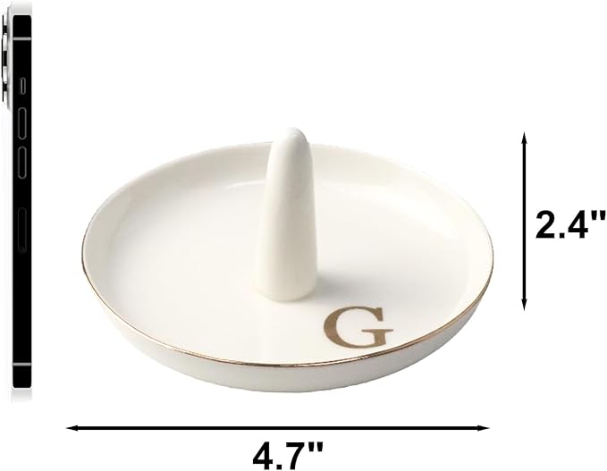Ceramic Initials Jewelry Tray Ring Dish With Personalized G-Monogrammed Engagement Wedding Gifts, for Birthday Mother's Day for Women, Ceramic White 4.7" x2.4"