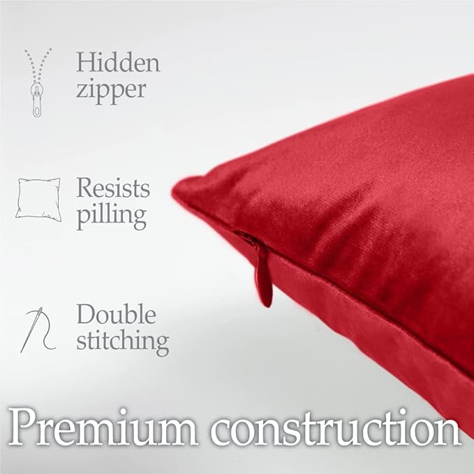 lalaLOOM Velvet Throw Pillow Covers, Set of 2 Decorative Square Pillows Home Decor, Soft Accent Cases, Silky Machine Washable Pillowcases for Sofa, Couch, Bedroom, Living Room, 16x16, Ruby Red