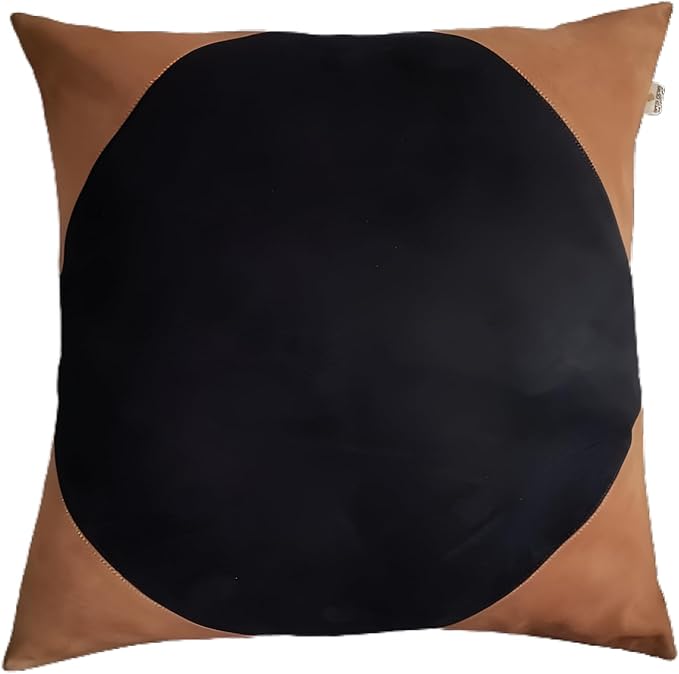 Lambskin Suede Leather Pillow Cover - Sofa Cushion Case - Decorative Throw Covers for Living Room & Bedroom, 14x14 Inches - Tan and Black (01) Pack of 1