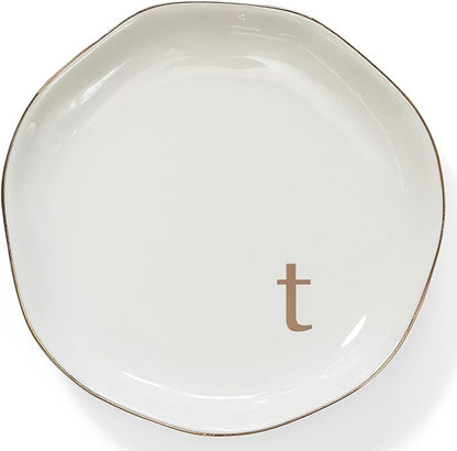 HOME SMILE Initials Ring Dish Jewery Tray with Personalized T-Monogrammed Engagement Wedding Gifts for Friends,Sister,Birthday Christmas Gifts for Women,Ceramic White