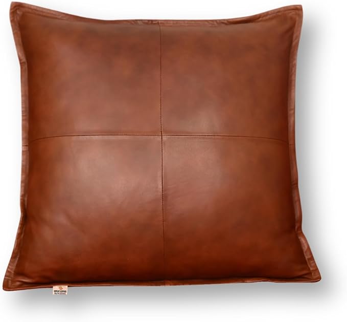 Lambskin Leather Pillow Cover - Sofa Cushion Case - Decorative Throw Covers for Living Room & Bedroom, 18x18 Inches - Dark Tan Box Pack of 1