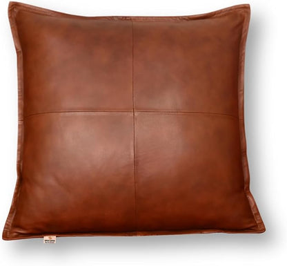 Lambskin Leather Pillow Cover - Sofa Cushion Case - Decorative Throw Covers for Living Room & Bedroom, 18x18 Inches - Dark Tan Box Pack of 2
