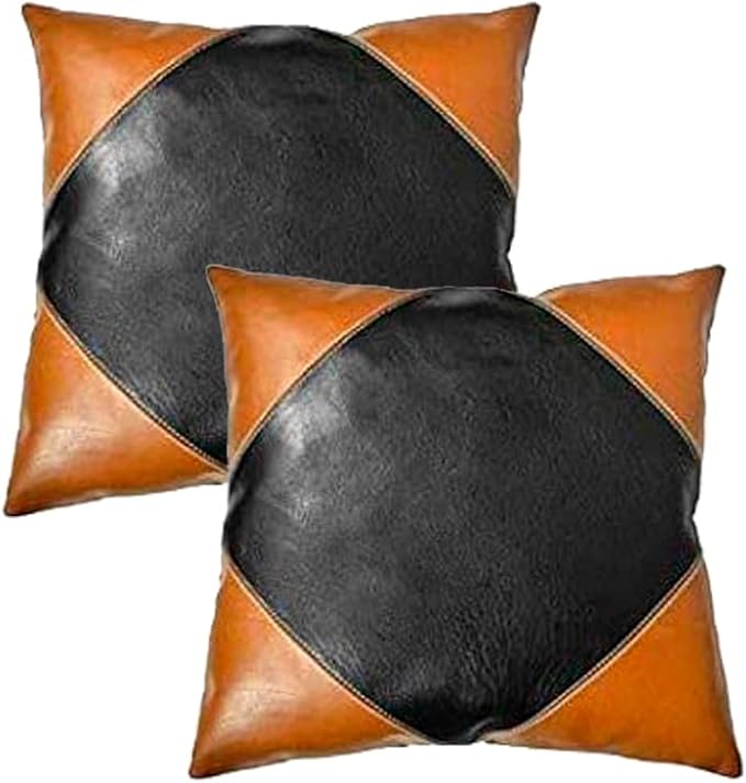 LL LEATHER LOVERS Lambskin Leather Pillow Cover - Sofa Cushion Case - Decorative Throw Covers for Living Room & Bedroom, 22x22 Inches - Camel Black Pack of 2