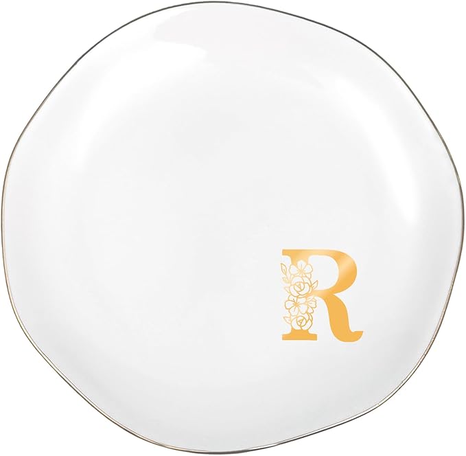 Initials Ring Dish Jewery Tray with Personalized R Monogrammed, Decorative Trinket Dish for Rings Earrings Necklaces Bracelet Watch Keys, Women Wife Friend Birthday Wedding Christmas Gifts