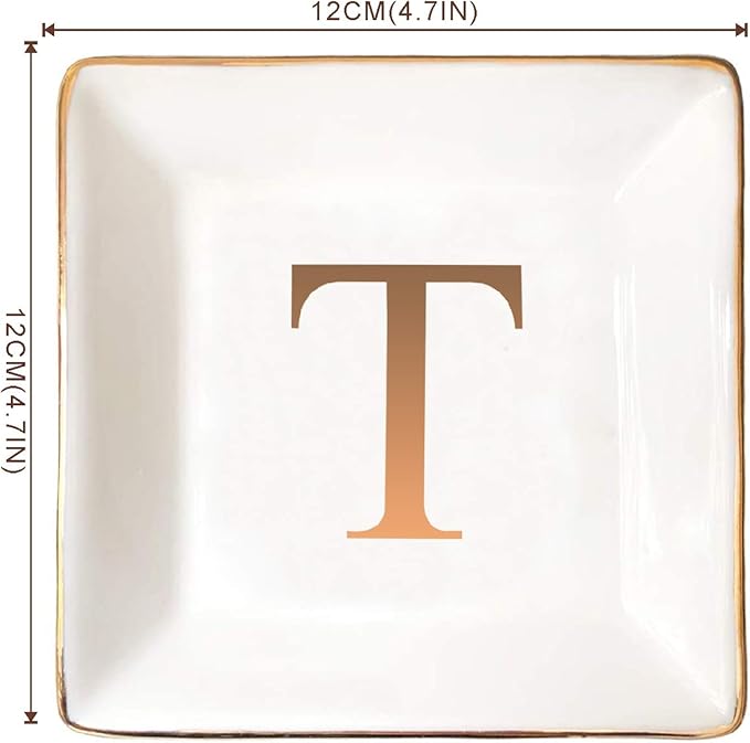 ANOTION Jewelry Tray Ring Dish with Ini-tial Gift- Personalized Trinket Dish and Jewelry Dish with Gold Initials Key Bowl Ceramic Holder, Unique Wedding or Engagement Present