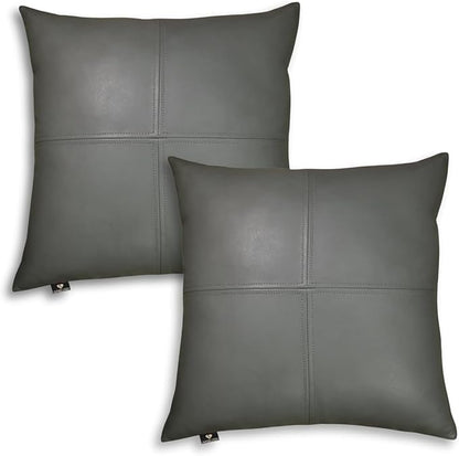 LL LEATHER LOVERS Lambskin Leather Pillow Cover, Hand Panel Stitched Leather Decorative Throw Pillow Covers for Couch Sofa Bed Living Room Garden (22x22 Inches, Grey Plain Pack of 2)
