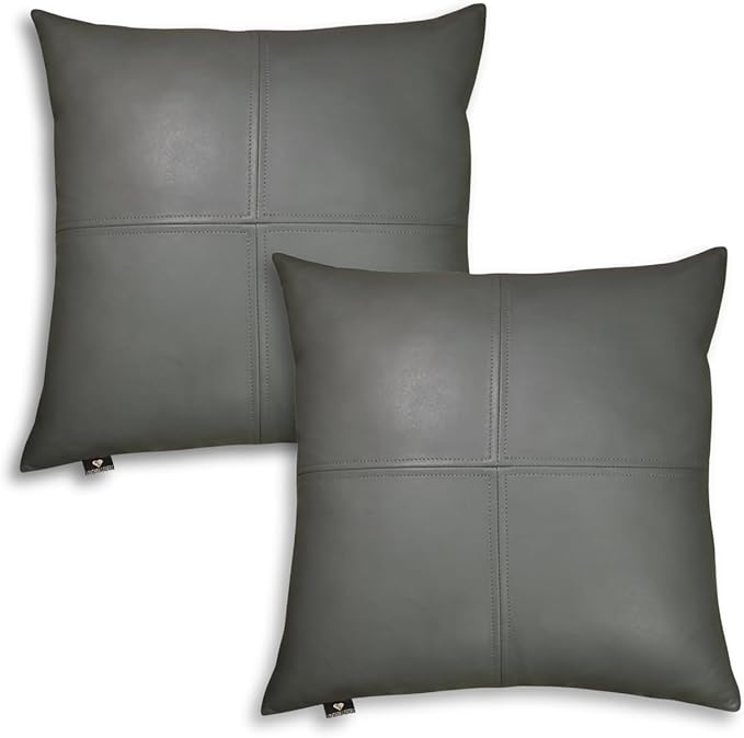 LL LEATHER LOVERS Lambskin Leather Pillow Cover, Hand Panel Stitched Leather Decorative Throw Pillow Covers for Couch Sofa Bed Living Room Garden (14x14 Inches, Grey Plain Pack of 2)