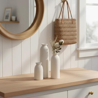 CEMABT Beige Ceramic vase Set-3 Flower vases for Decor,Modern Boho Farmhouse Home Decor,Decorative vase for Pampas Grass&Dried Flowers,idea Shelf,Table,Bookshelf