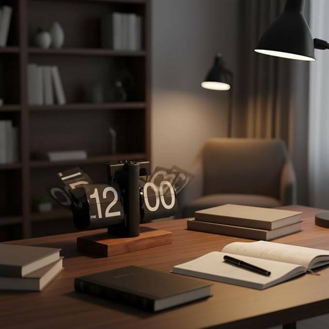 Retro Flip Clock Vintage, Digital Flip Desk Clock Black, Gear Flipping Clock, Mechanical Page Turning with Black Walnut Base for Home, Office, Room Decoration