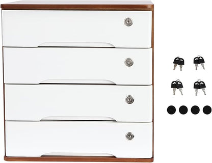 4-Tier Desktop Storage Box with Lockable Drawer, Wooden Desk Organizer for Office Supplies, Flat File Cabinet, Minimalist Design for Home & Office Use(Walnut+White)