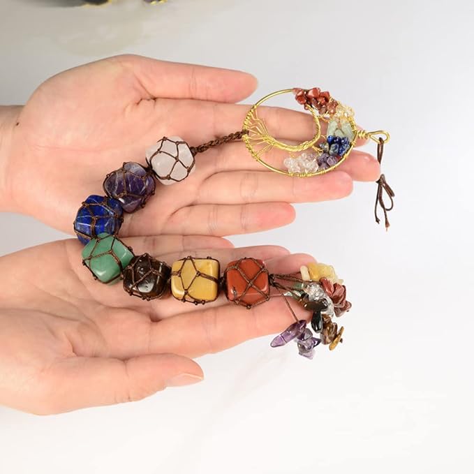 2 Pieces of 7 Chakras Healing Crystals and Tree of Life Wall Hanger Tumbled Gemstones Meditation Hanging Ornament Christmas Tree Memorial Hanging Pendant (Style 2)