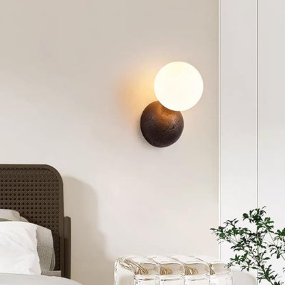 Modern Black Travertine Wall Sconce Glass Globe Shade Nordic Minimalist Wall Lamp Natural Volcanic Stone Sphere Wall Light for Bedside Hallway Home Decor Lighting