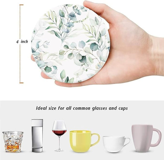 6Pcs Drink Coasters with Holder, Watercolor Green Eucalyptus Leaves Absorbent Ceramic Drink Coaster with Cork Base, Home Bar Table & Office Decor House Warming Gift