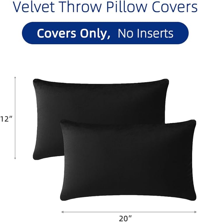 QUORGVES Black Velvet Pillow Covers 12x20 Inch Set of 2, Soft Solid Decorative Lumbar Throw Pillow Covers, Decor Cushion Covers for Bed Sofa Couch Bedroom Living Room