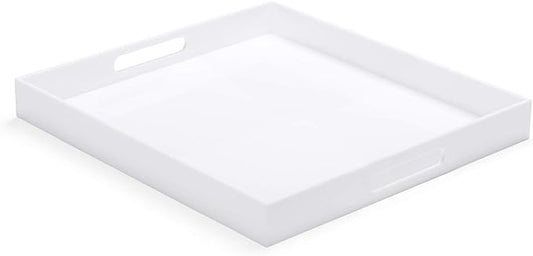 White Modern Acrylic Ottoman Tray with Cutout Handles 20x20 Inch Over-Sized Serving Tray Organizer Rubber Boot Tray Decorative for Living Room Bedroom,Bathroom and Entryway Kitchen