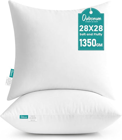 Oubonun 28 x 28 Throw Pillow Inserts - Soft, Plush & Decorative Down Alternative Pillows for Couch Sofa Bed, Machine Washable - White, Pack of 2
