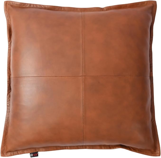 D DOLLY LAMB Lambskin Leather Pillow Cover - Sofa Cushion Case - Decorative Throw Covers for Living Room & Bedroom, 14x14 Inches - Dark Tan Box