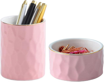 Aesthetic Desk Organizer Set of 2 For Office, Ceramic Pen Holder and Paper Clip Holder Dispenser, Cute Pencil Cup Pot for Desk, Desktop Accessories, Office Decor Makeup Brush Holder (Pink Set)