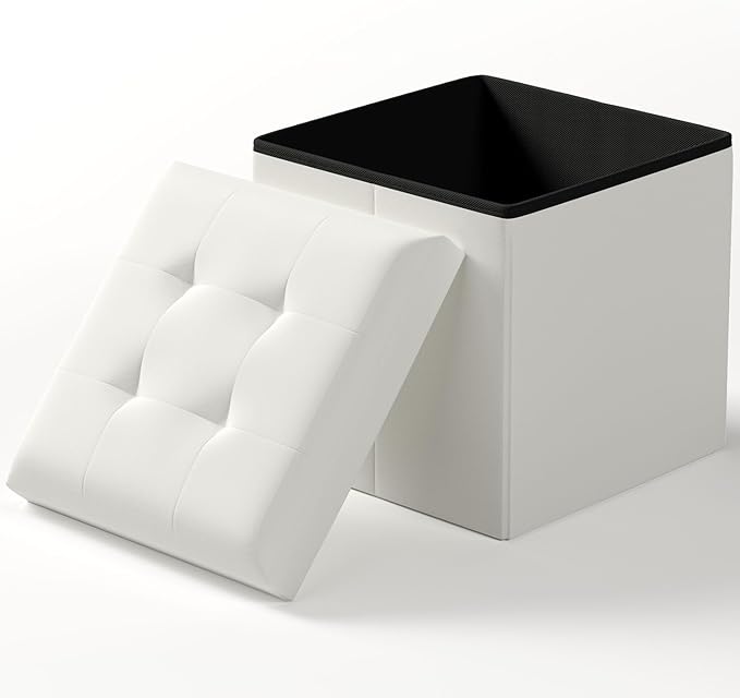 Folding Storage Ottoman Bench, Multi-Functional Ottoman Footrest, End of Bed Bench, Storage Chest for Living Room, Bedroom, Hallway, Entryway, Holds Up to 300 lbs (White, 15 Inches)