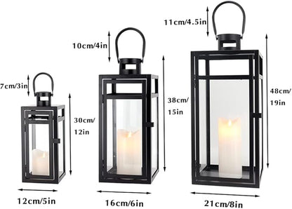 TRIROCKS Stainless Steel Lantern Set of 3 - Assorted Sizes (12/15/19 Inch) - Tall Metal Hanging Lanterns with Clear Glass Panels, Indoor & Outdoor Home Decor for Parties & Events - Black Finish