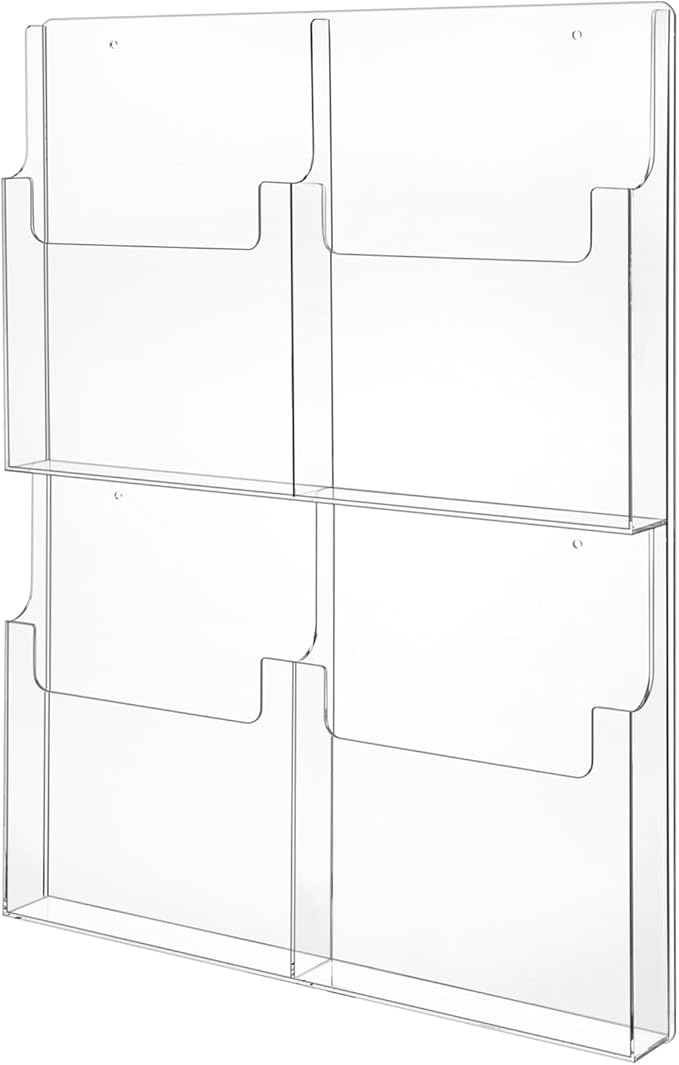Barydat 4 Pocket Acrylic Brochure Holder Wall Mount Clear Pamphlet Holder Plastic Trifold Multi Slot Flyer Rack Magazine Display Stand Wall Hanging Organizer 11.8 x 8.78 Inch for Office Menu Advertise