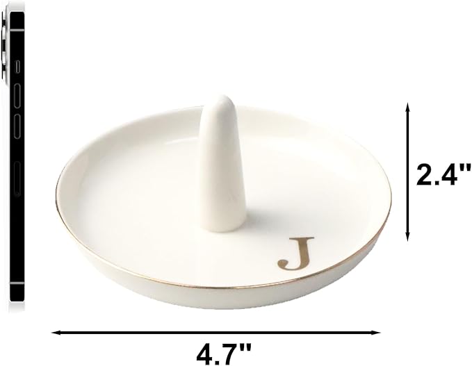 Ceramic Initials Jewelry Tray Ring Dish With Personalized J-Monogrammed Engagement Wedding Gifts, for Birthday Mother's Day for Women, Ceramic White 4.7" x2.4"