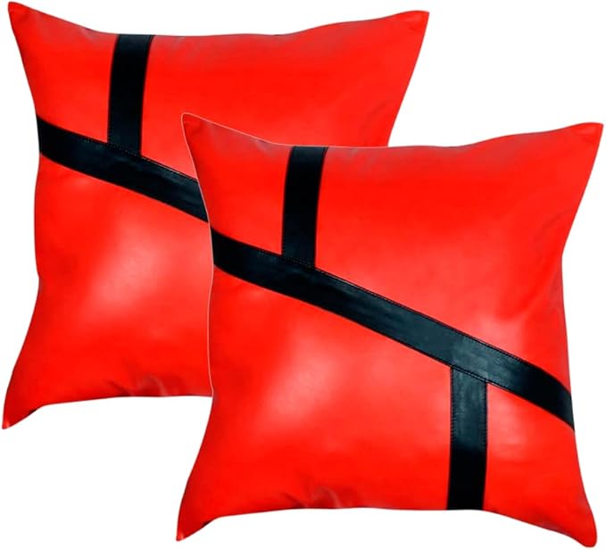 Lambskin Leather Pillow Cover - Sofa Cushion Case - Decorative Throw Covers for Living Room & Bedroom, 14x14 Inches - 03 Red Pack of 2
