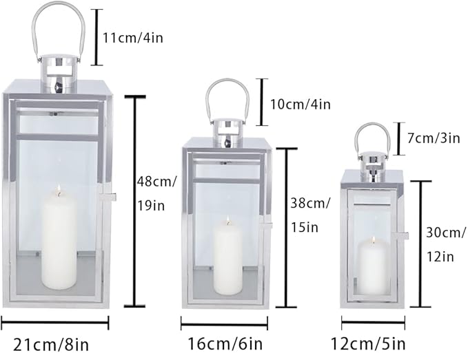 TRIROCKS Stainless Steel Lantern Set of 3, 19" Tall Metal Hanging Lanterns with Clear Glass Panels, Indoor & Outdoor Home Decor for Living Room, Tabletop, Parties & Events - Silver Finish
