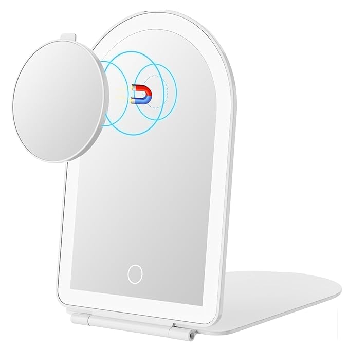 FUNTOUCH Rechargeable Travel Makeup Mirror with Lights,Portable Lighted Compact Mirror with Small 10X Magnification,3 Color Lighting, Dimmable Touch Screen, Tabletop LED Folding Cosmetic Vanity Mirror