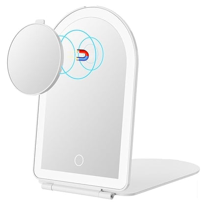 FUNTOUCH Rechargeable Travel Makeup Mirror with Lights,Portable Lighted Compact Mirror with Small 10X Magnification,3 Color Lighting, Dimmable Touch Screen, Tabletop LED Folding Cosmetic Vanity Mirror