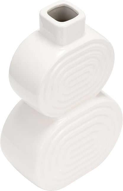 Decorative Flower Vase for Home Decor – Ceramic Modern Flower Vase with Stacked Design, Stylish Table Centerpiece for Living Room or Entry Display - Boho for Faux Flowers and Greenery – 10", White