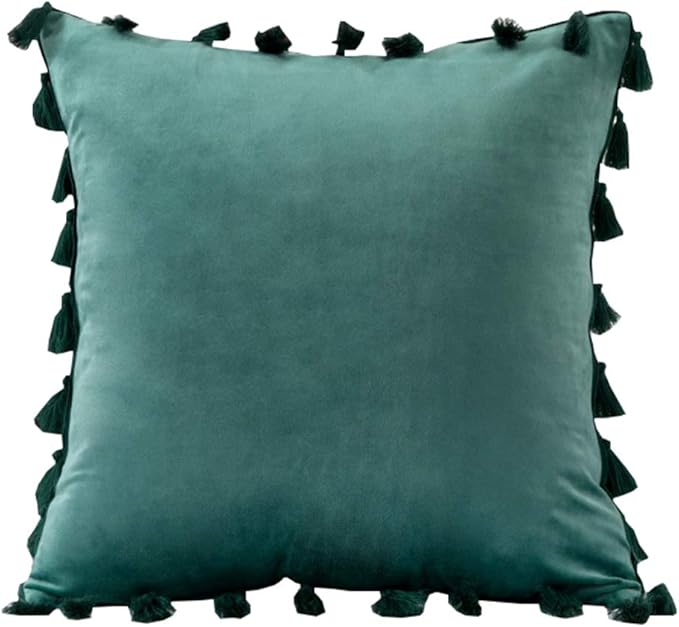 vctops Velvet Soft Solid Decorative Throw Pillow Cover with Tassels Boho Accent Cushion Case for Couch Bedroom Car Turquoise 20''x20''