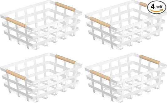 4 Pack Large Metal Storage Baskets, Farmhouse Baskets, Pantry Organizer Baskets with Wood Handle, Metal Baskets Bins for Kitchen Pantry Shelf Cabinets, White