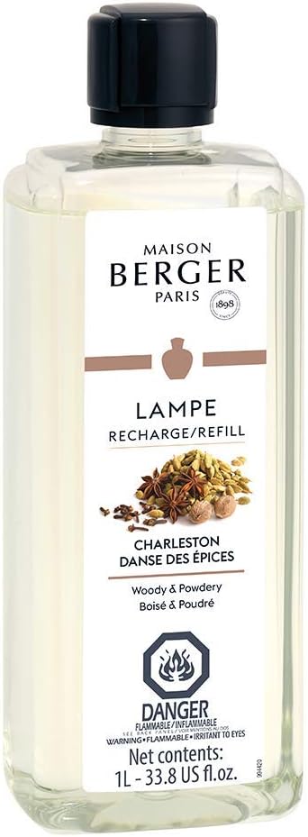 Maison Berger Charleston Fragrance Refill – 1 Liter (33.8 fl oz) Oil for Lampe Berger Diffuser, Air Freshener Elegant Woody-Powdery Scent, 160 Hours Aroma, French Perfumery Excellence
