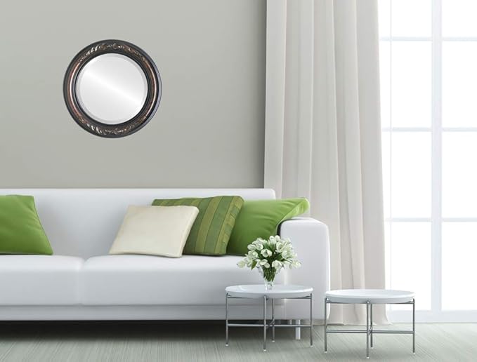 OVALCREST Round Beveled Wall Mirror for Home Decor - Florence Style - Vintage Walnut - 34x34 Outside Dimensions