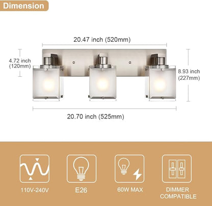 Modern 3-Lights Brushed Nickel Vanity Lights, Bathroom Light Fixture Over Mirror Wall Lighting Sconces with Frosted Glass Shades, E26 Bulb Base