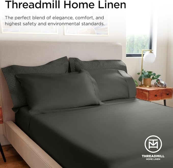 Threadmill Luxury 800 Thread Count California King 100% Cotton Sheets - Dark Grey Sateen Weave Bed-Sheets, Better Than Egyptian Cotton,4 Pc Solid Bedding Set, Fits 16" Deep Pocket