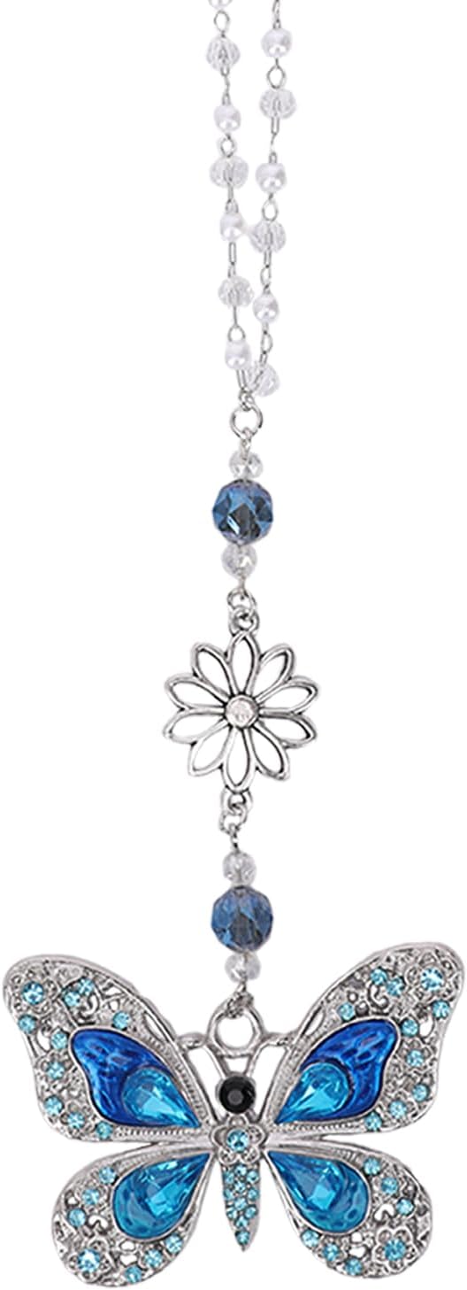 Rear View Mirror Accessories Car Charms - Blue Butterfly Resin Crystal Rhinestone Hanging Pendant, Cute Sun Catcher Accessory, Halloween for Mom Driver Friends
