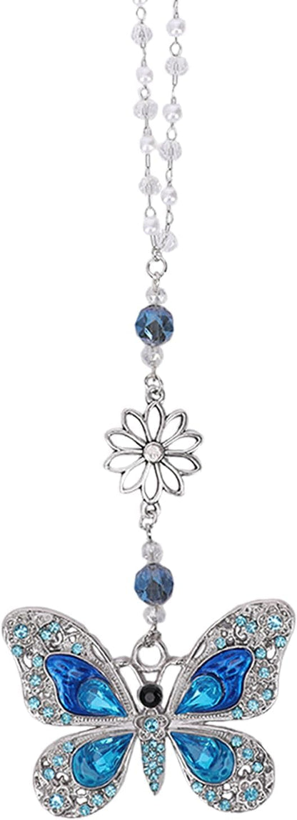 Rear View Mirror Accessories Car Charms - Blue Butterfly Resin Crystal Rhinestone Hanging Pendant, Cute Sun Catcher Accessory, Halloween for Mom Driver Friends