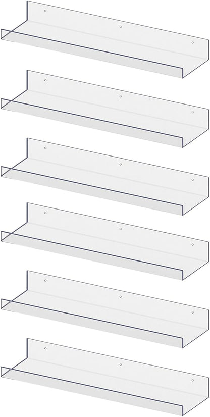 RLAVBL 6 Pack Acrylic Shelves, 15" Floating Wall Shelves for Bedroom, Living Room, Bathroom, Kitchen Storage