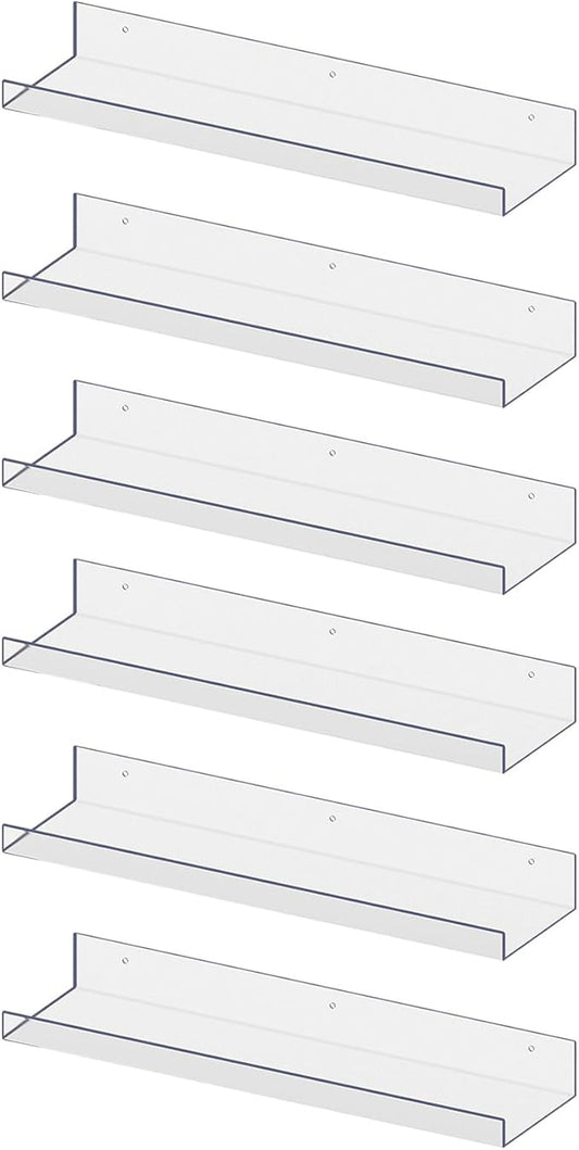 RLAVBL 6 Pack Acrylic Shelves, 15" Floating Wall Shelves for Bedroom, Living Room, Bathroom, Kitchen Storage