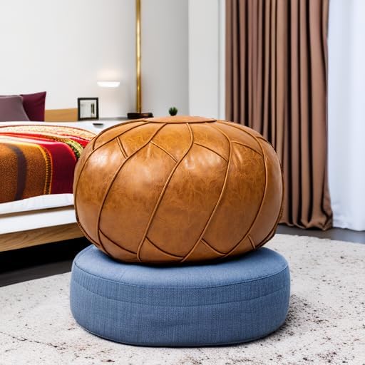 Moderner Faux Leather Pouf Unstuffed Ottoman Moroccan Footstool, Floor Footrest Cushion, Storage Solution - Natural Brown Color
