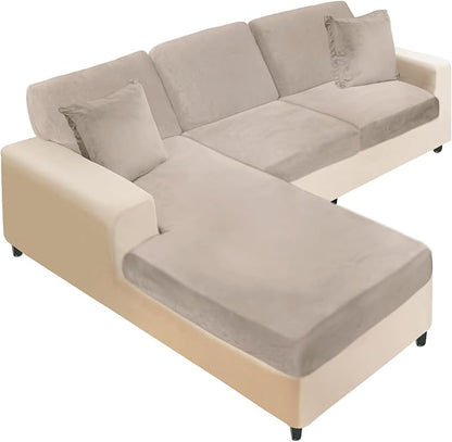 NAISI Sectional Couch Covers 6 Pieces Velvet Couch Cushion Covers L Shape Soft Stretch Sofa Slipcovers with 2pcs Pillowcases for Left/Right Chaise Sectional Couch(2 Seater+1 Chaise+3 Back,Taupe)