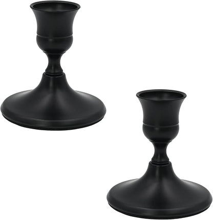 2 Pcs Black Taper Candle Holders 2.8 Inch Vintage Short Skinny Metal Candlestick Holders for Table Centerpieces