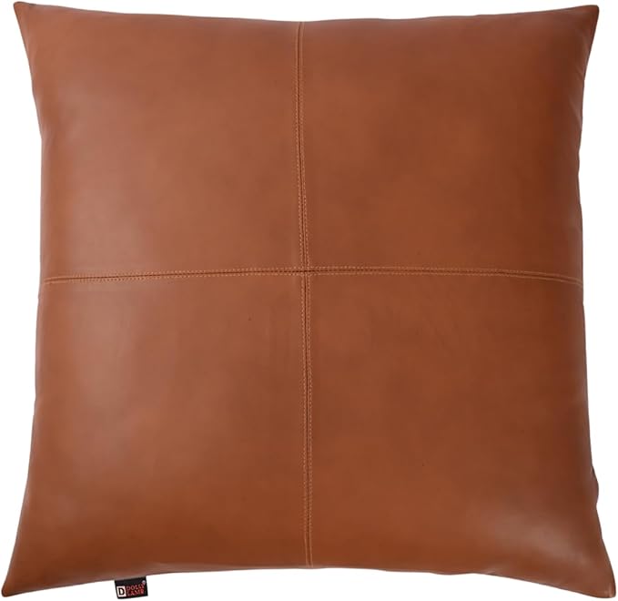 D DOLLY LAMB Lambskin Leather Pillow Cover - Sofa Cushion Case - Decorative Throw Covers for Living Room & Bedroom, 18x18 Inches - Camel Antique Plain