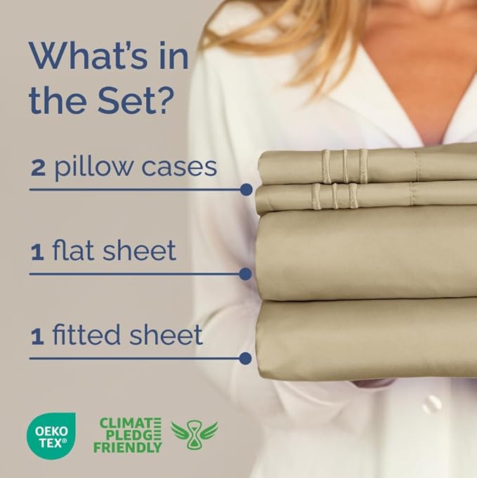 Queen Size 4 Piece Sheet Set - Comfy Breathable & Cooling Bed Sheets Set - Hotel Luxury Bedding for Women, Men, Kids, Teens, Boys & Girls - Deep Pockets, Ultra-Soft, Wrinkle Free - Oeko-Tex - Beige