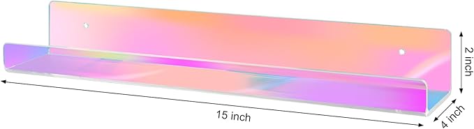 Dezzer 6 Pack Acrylic Shelves for Wall, 15" Acrylic Floating Shelves for Bathroom Bedroom, Invisible Bookshelf Wall Ledge Storage Shelf Books Perfume Toys Action Figure Display Shelves, Iridescent